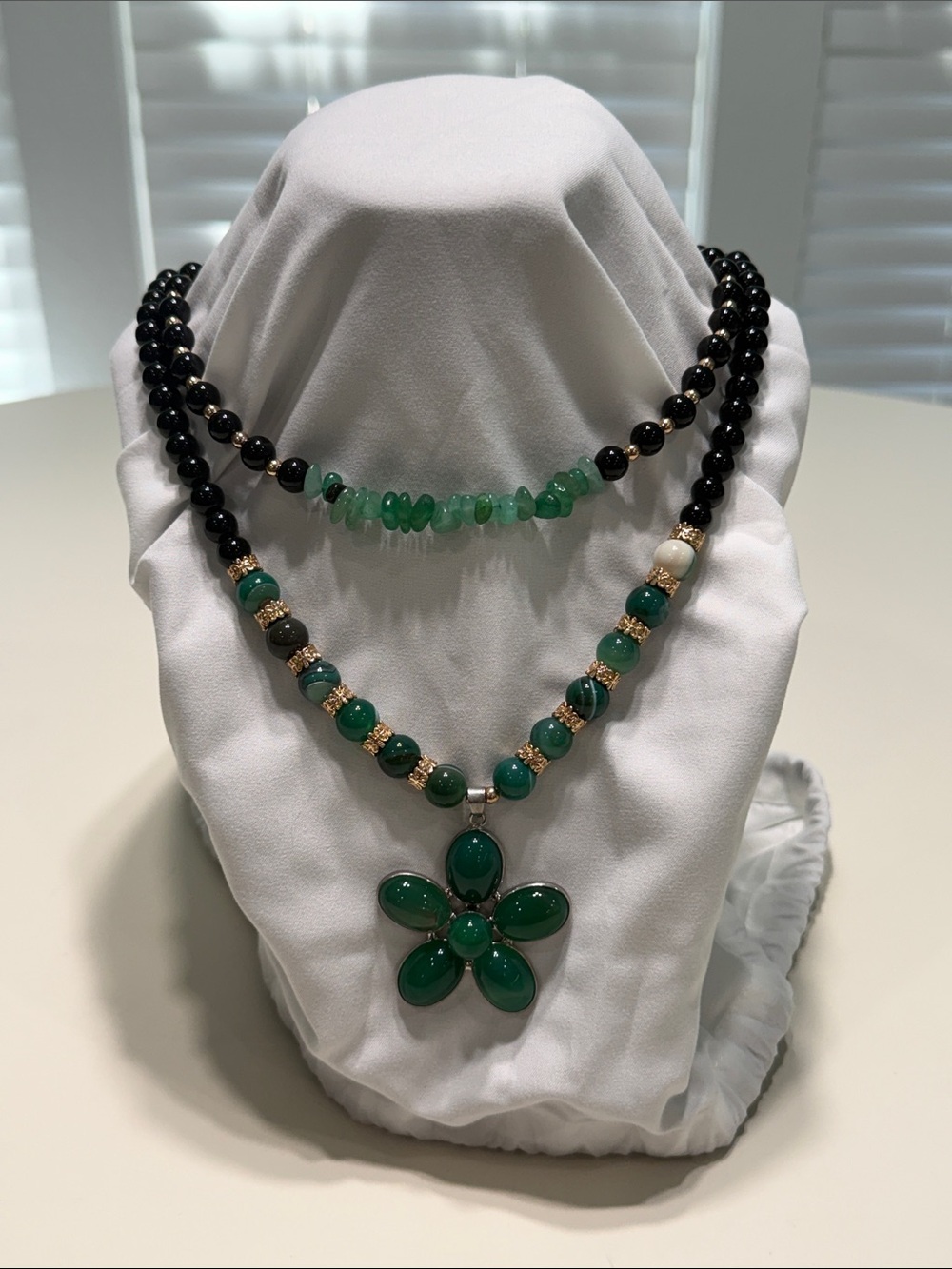 Green and Black Beaded Flower 2-piece Pendant Necklace Set